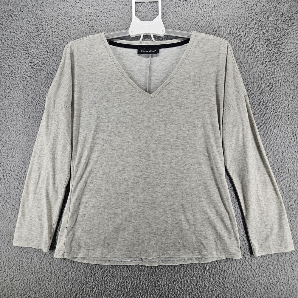 Ivanka Trump Womens Heather Gray V-Neck Long Sleeve Drop Shoulder Top Size L